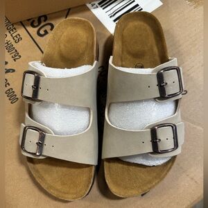 Cushionaire Women’s Beige Double Strap Sandals with Buckles